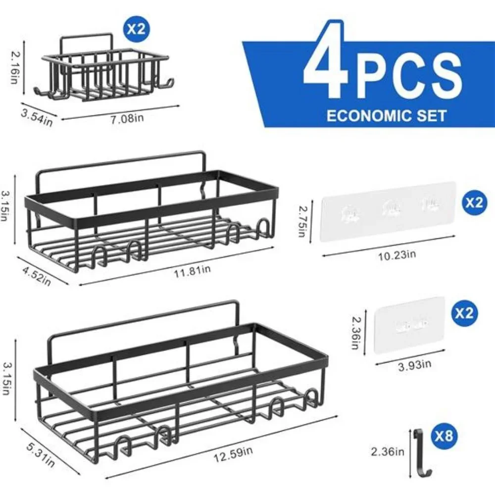 4-Pack Black Stainless Steel Modern Shower Caddy w/ Large Capacity for Bathroom